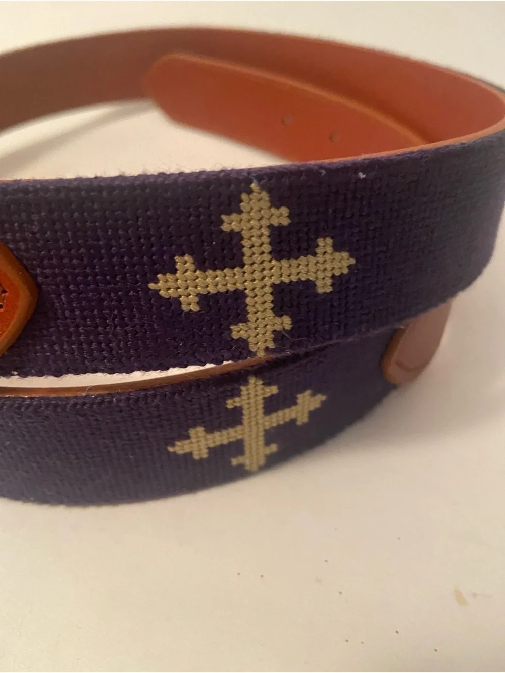 Bluegrass Fairway Navy Blue Custom Embroidered Images Canvas LeatherTrim Belt 35